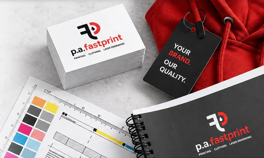 PA Fastprint cards, apparel, print proofs, and notebook